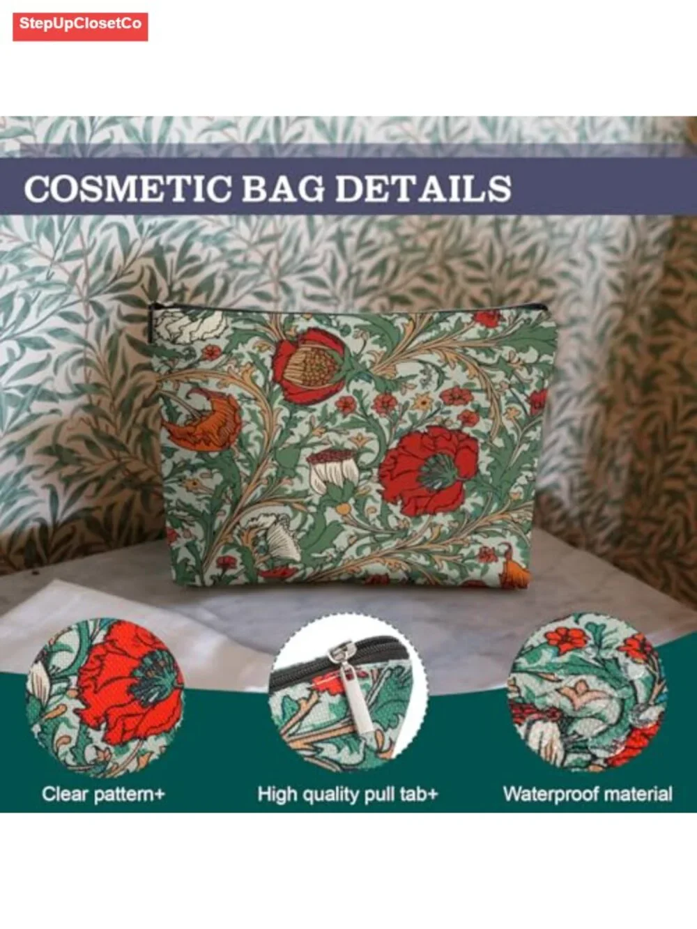 Set of 6 Cotton Canvas Makeup Bags Retro Floral Cosmetic Travel Organizer Pouch